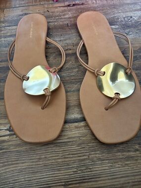 Tory Burch Tan Leather Thong Sandals with Gold Medallions